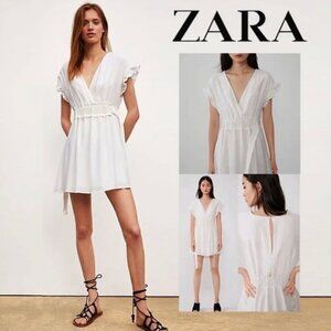 ZARA White Tie Waist V‑Neck Ruffle Sleeve Mini Dress Size XS
